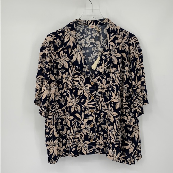 Faherty Cabana Camp Hawaiian shirt navy blue floral top blouse tan button new XL - Picture 1 of 4